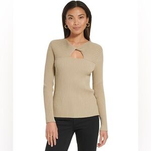 Calvin Klein Women's Tan Ribbed Keyhole Sweater Chai Medium NWT